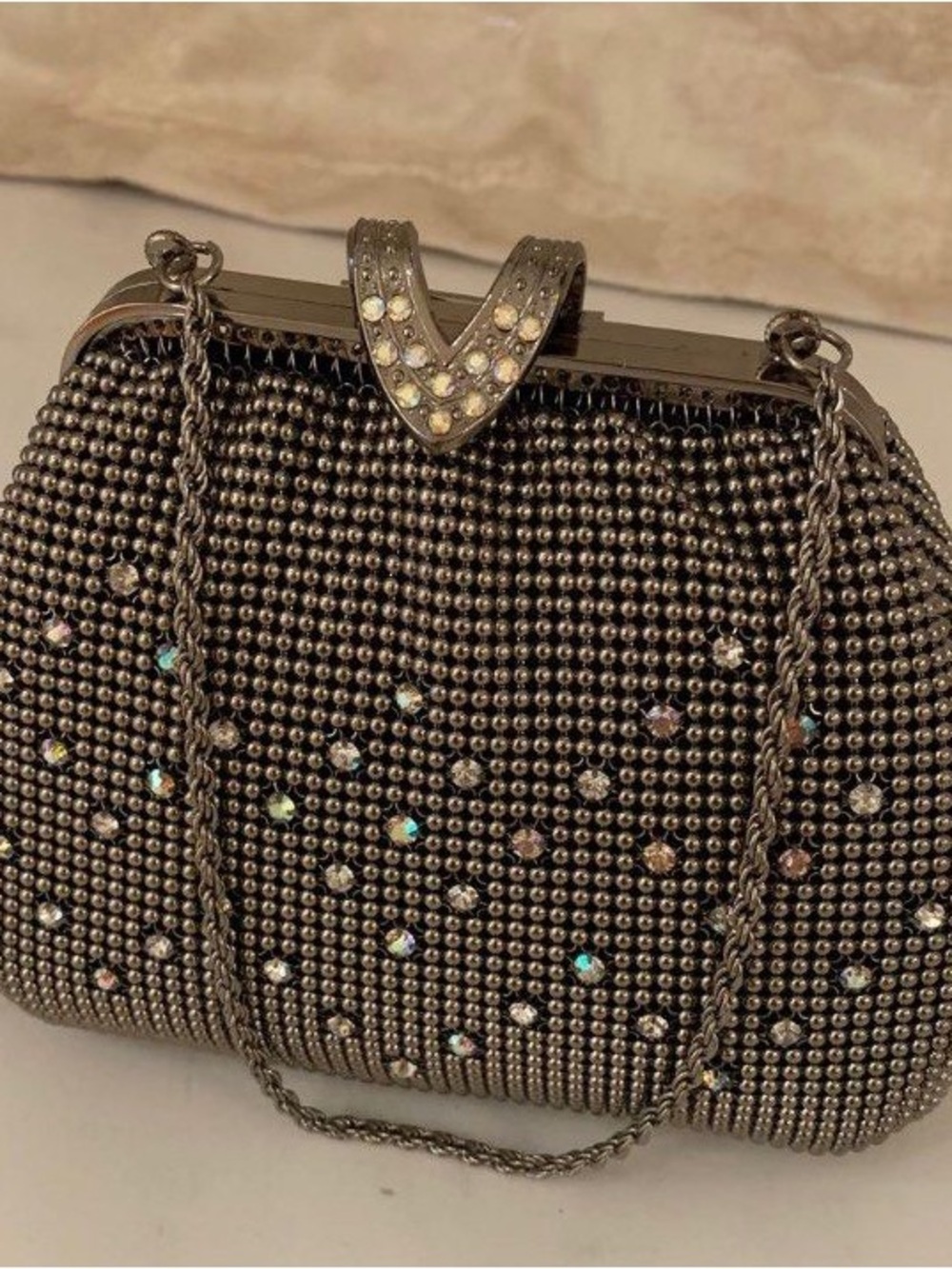 Vintage-Style Embellished Metallic Evening Clutch Bag - Gunmetal